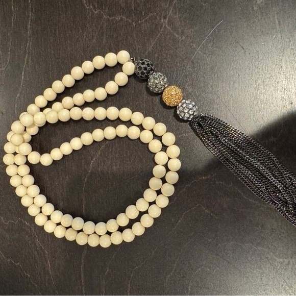 Stella & Dot Cream Beaded Necklace with Gold and Silver Tassel - Picture 4 of 4